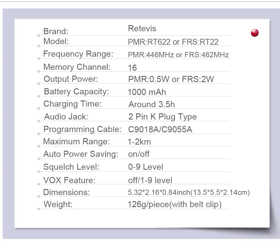 RETEVIS RT622 Walkie Talkie Mini 2 pcs PMR 446 Portable Two-way Radio ht PTT Walkie-talkies Communication Radio for Restaurant