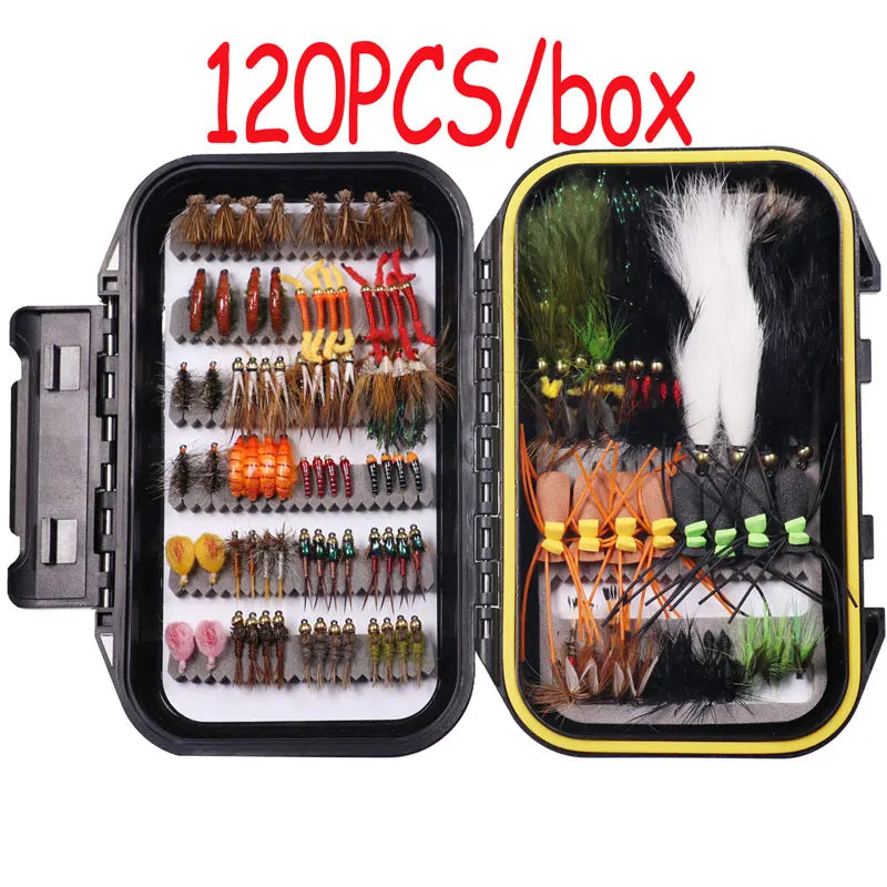 Bimoo 120pcs Wet Dry Nymph Fishing Fly Kit Woolly Buggers Streamers Emerger Worms Bass Trout Grayling Panfish Fishing Lure Bait