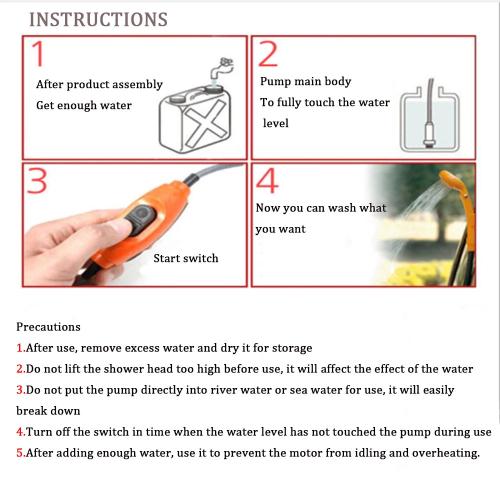 Portable Camping Shower Hiking Travel 12V Car Cigarette Lighter Outdoor Bath Shower of Plant Watering Car Cleaning Pet Bath Pump