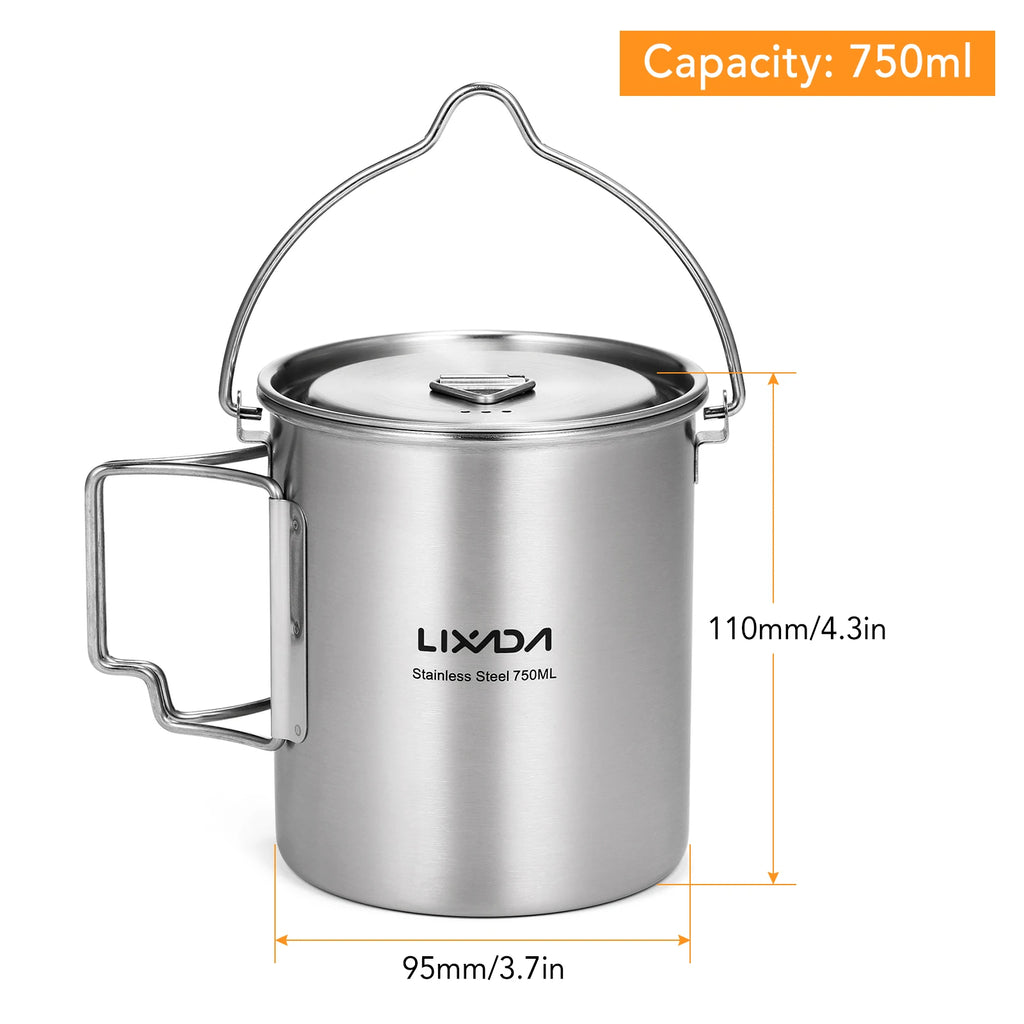 LIXADA Portable 750ml Stainless Steel Pot Water Mug Cup with Lid and Foldable Handle Outdoor Camping Cooking Picnic Drinkingware