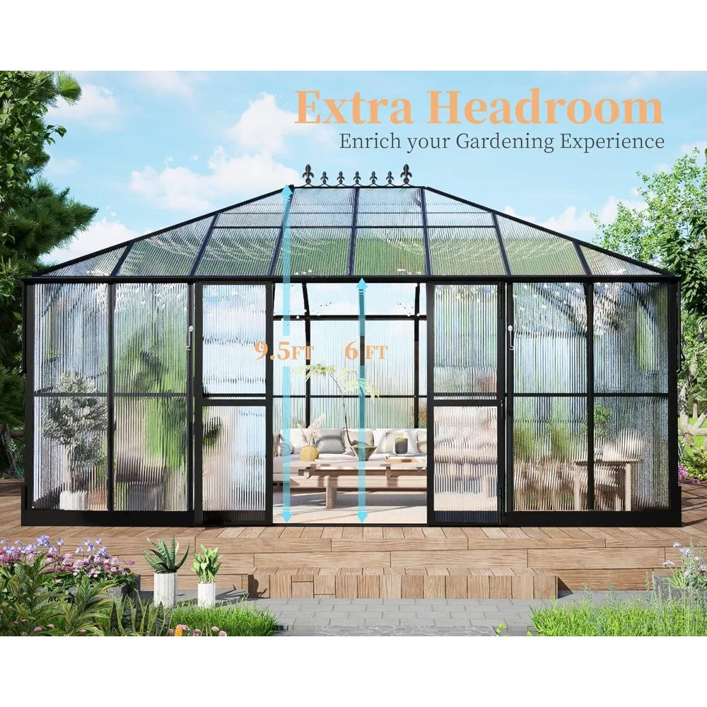 16x12x9.5 FT Polycarbonate Greenhouse for Outdoors, Pavilion Style Greenhouse with 4 Vent Windows, Lockable Double Doors, Ideal