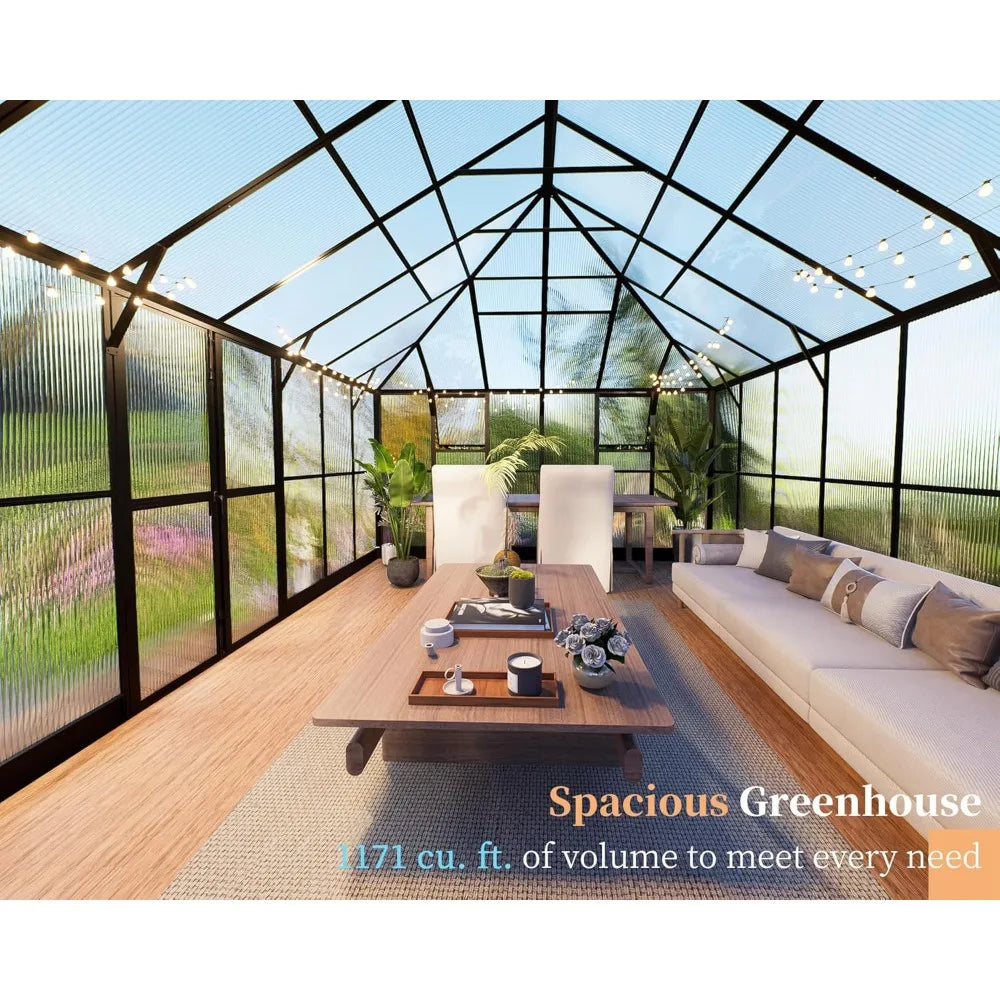 16x12x9.5 FT Polycarbonate Greenhouse for Outdoors, Pavilion Style Greenhouse with 4 Vent Windows, Lockable Double Doors, Ideal