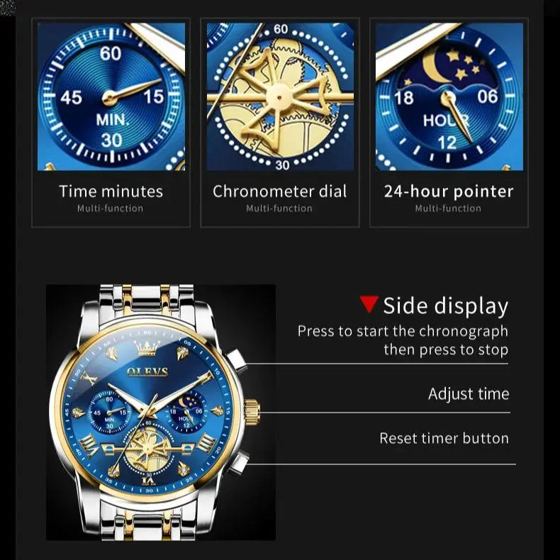 OLEVS 2856 Quartz Watch for Men Flywheel Skeleton Chronograph Moon Phase