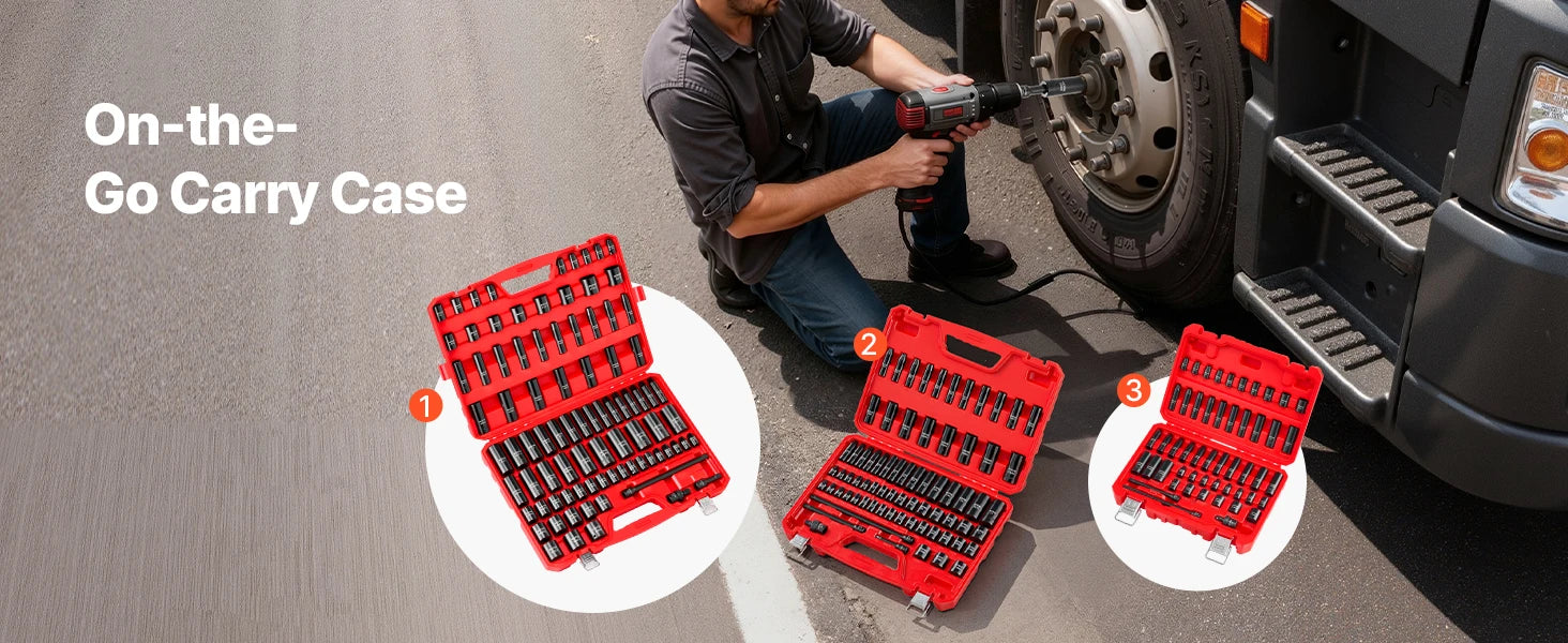 VEVOR 1/4, 3/8 & 1/2 Inch Drive Impact Socket Set, 210-Piece Full Metric/Standard with Extensions & Universal Joint, 3 Cases