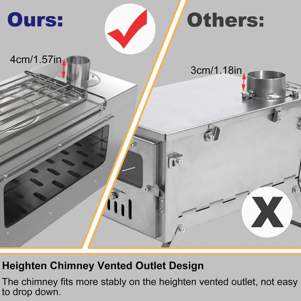 Portable Camping Wood Burning Stove Stainless Steel Tent Stove with 7 Chimney Pipes for Outdoor Camping, Heating