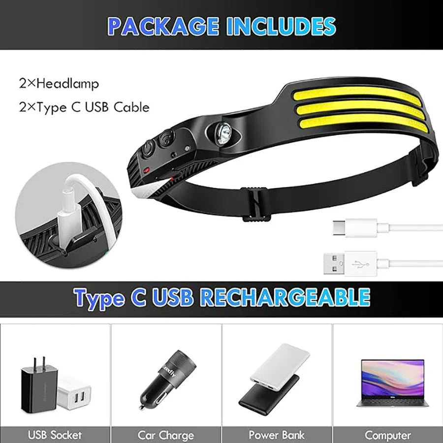 COB LED Headlamp Induction Head Lamp Built-in Battery USB Rechargeable Head Flashlight Outdoor Camping Fishing Sensor Headlight