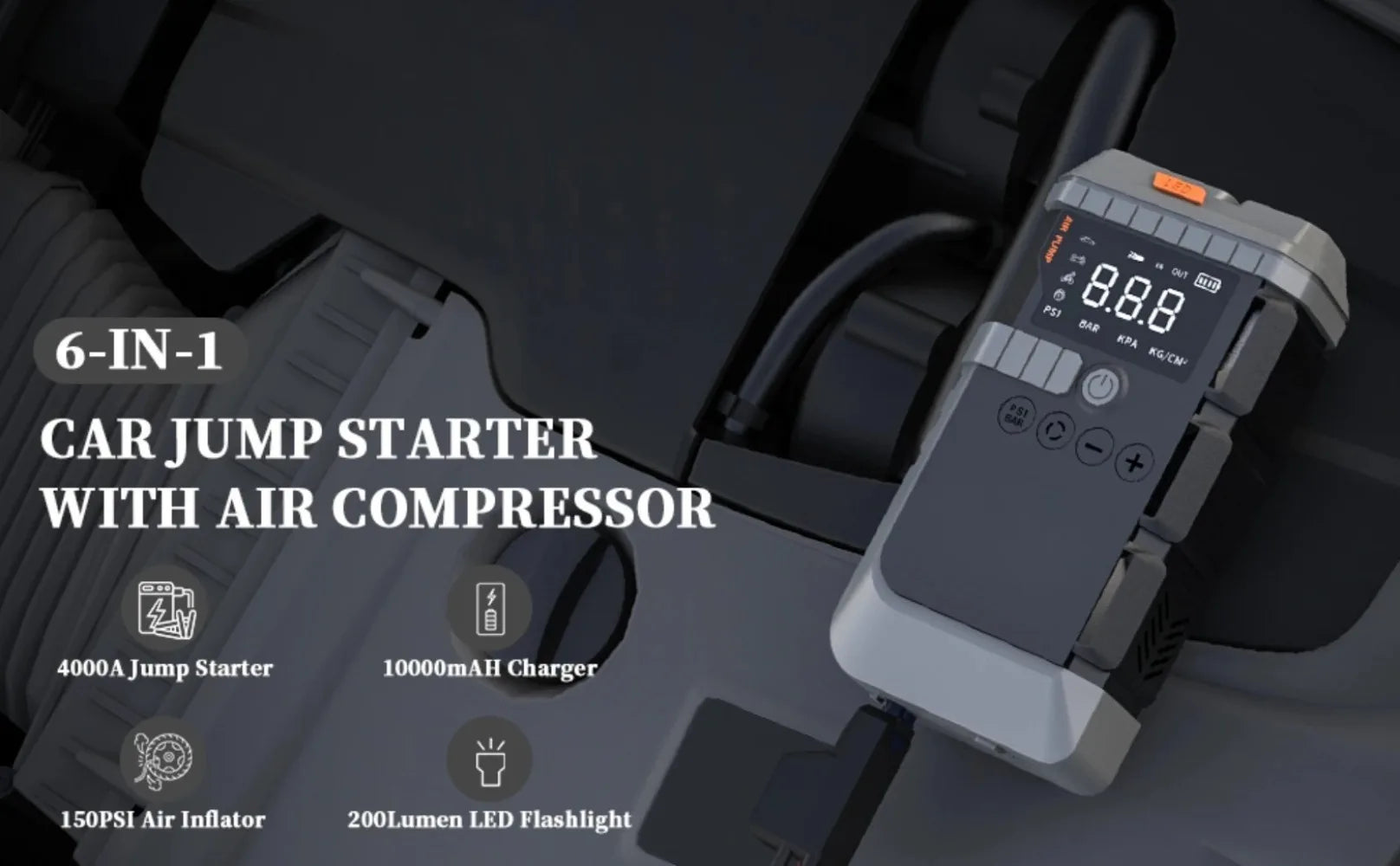 Car Jump Starter with Air Pump 3000A Peak Starter Box 150PSI Digital Tire Inflator Car Battery Jump Starter With Air Compressor