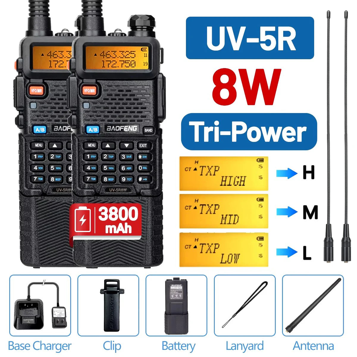 Baofeng UV-5R 8W Walkie Talkie High Power Long Range Two Way Radio Portable Communication Ham Radio For Camping