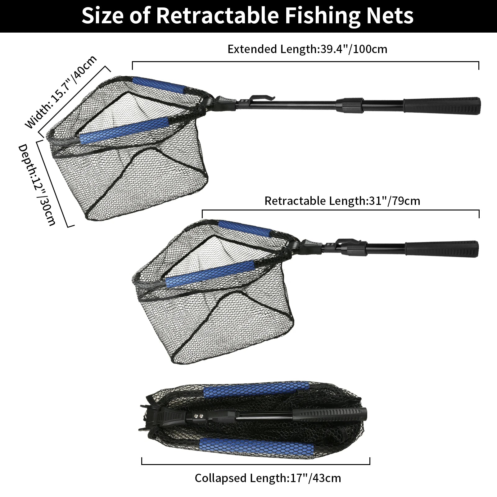 Fishing Landing Net Aluminum Alloy Durable Telescoping Extend to 190cm/130cm/55cm Folding Mesh Safe Fish Catching Releasing