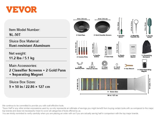 VEVOR Gold Panning Kit With Mini Sluice Box,12/50In Aluminum Gold Mining Equipment, 16/23 PCS Prospecting Kit with Gold Pan