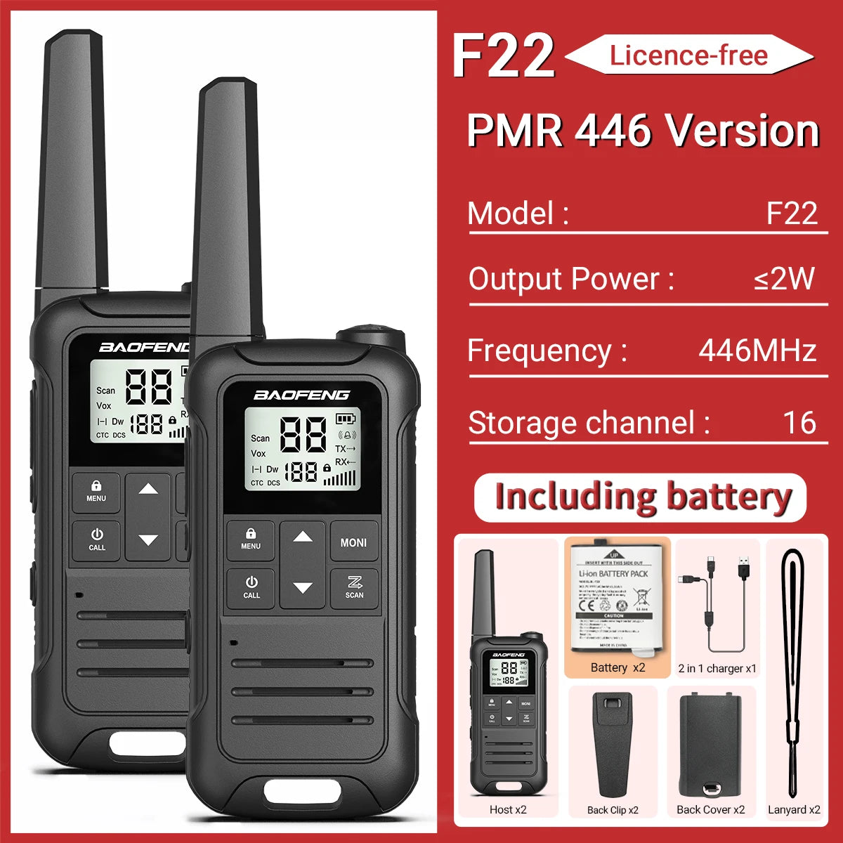 2pcs Baofeng F22 Mini Walkie Talkie PMR FRS Long Range Rechargable Portable Kids Two Way Radio Type-C Charger for Camping Trip
