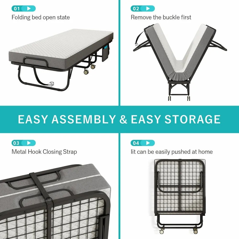 Folding Bed with Mattress for Adults, Portable Cot-Size Rollaway Bed, Metal Frame Foldable Guest Bed with Memory Foam Mattress