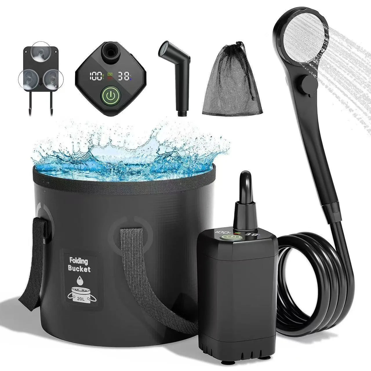 Portable Camping Shower Set Rechargeable Pump 6000mAh Outdoor Shower Kit with 20L Foldable Bag for Travel RV Garden Hiking