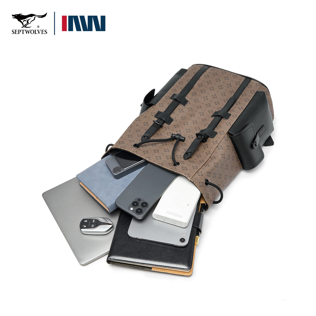 Septwolves Fashion Design Printed Leather Backpack Man Large Flip Cover Business Print Travel Laptop Bags Big Monogram Bagpack