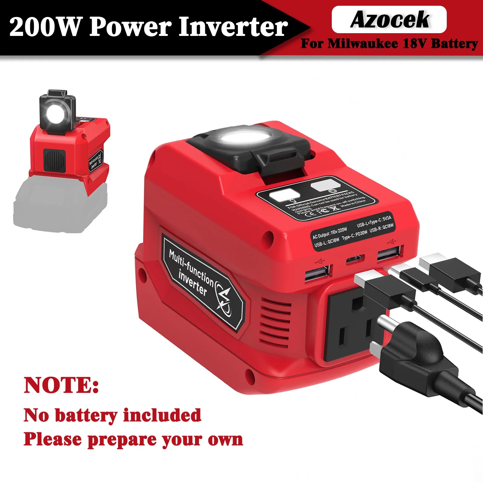 Azocek 200W Portable Power Inverter for Milwaukee 18V Battery, DC 18V to AC 110V, with 4 Output & 300LM Light, Inverter for Car