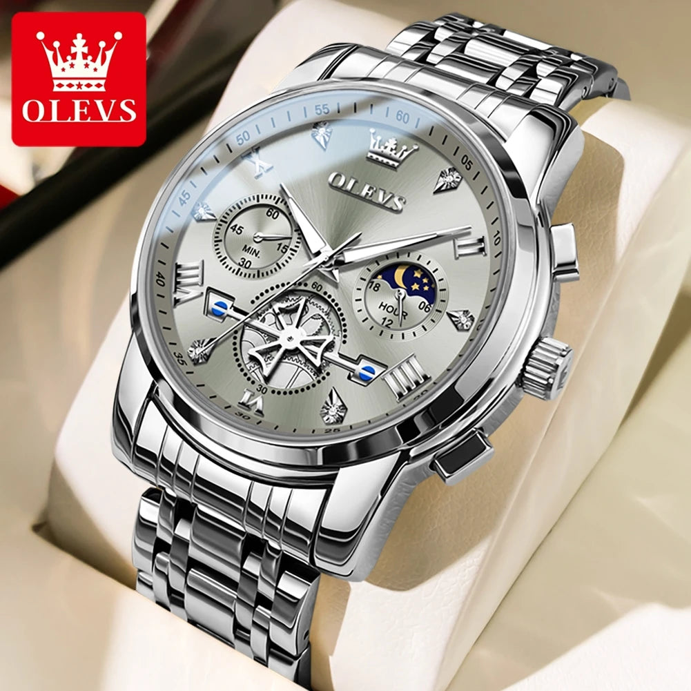 OLEVS 2856 Quartz Watch for Men Flywheel Skeleton Chronograph Moon Phase