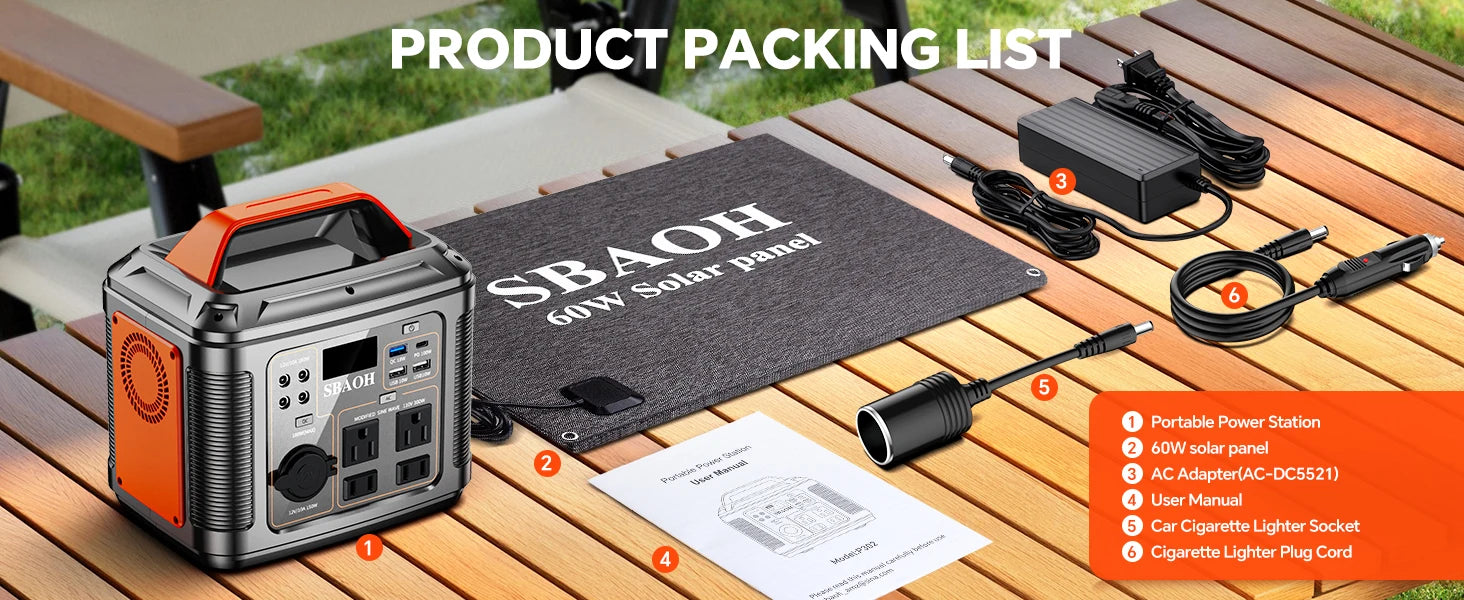 SBAOH Portable Power Station, 296Wh 300W, 110V AC Outlet, Solar Power Station with 60W Solar Panel, Travel/Outdoor/Home Use