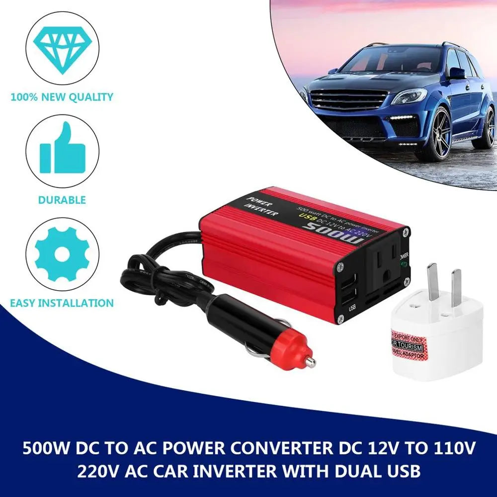500W Car Adapter With Dual USB Output Portable Vehicle Power Converter DC 12V to 110V 220V Automatic Transformer Acessory