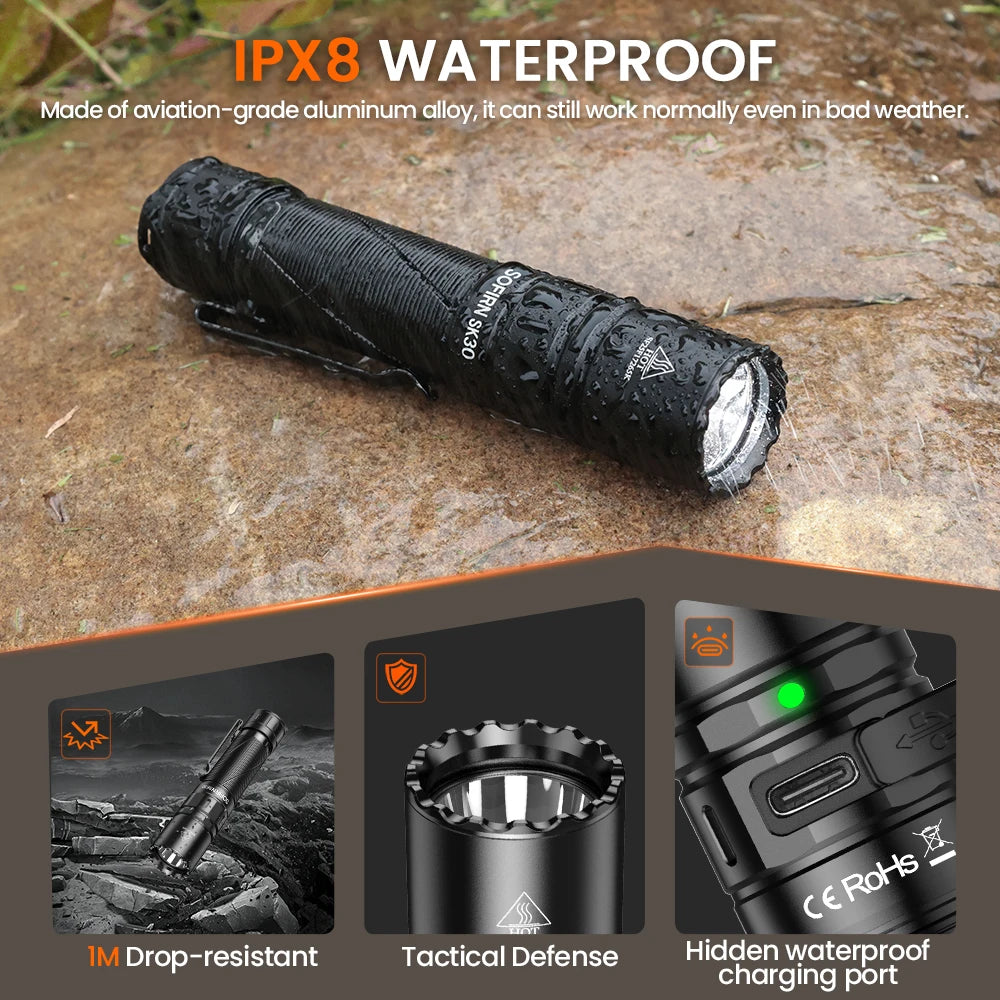 SOFIRN SK30 Tactical Rechargeable 6000K Flashlight 3000 High Lumen Pocket 21700 LED with Dual Tail Switches