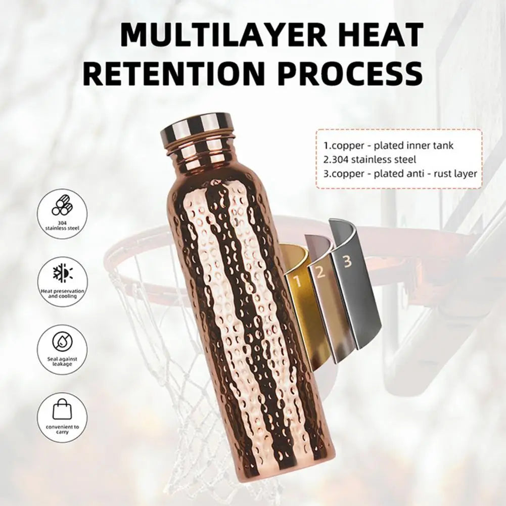 800ML Copper Sports Water Bottle Hammer Pattern Large Capacity Leakproof Cycling Gym Fitness Electroplating Drinking Cup 2025