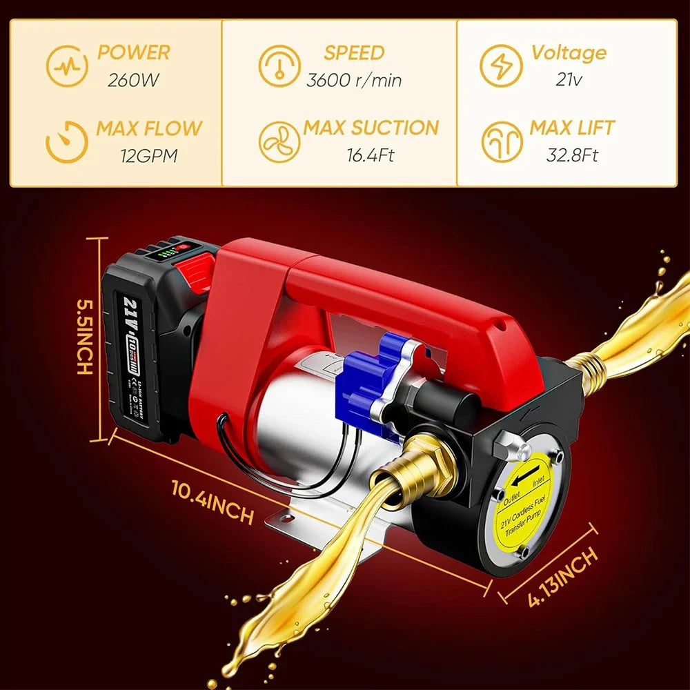 Cordless Diesel Transfer Pump Kit  21V DC Fuel Transfer Pump Battery Powered 12GPM Portable Self-Priming Diesel Pump Kit