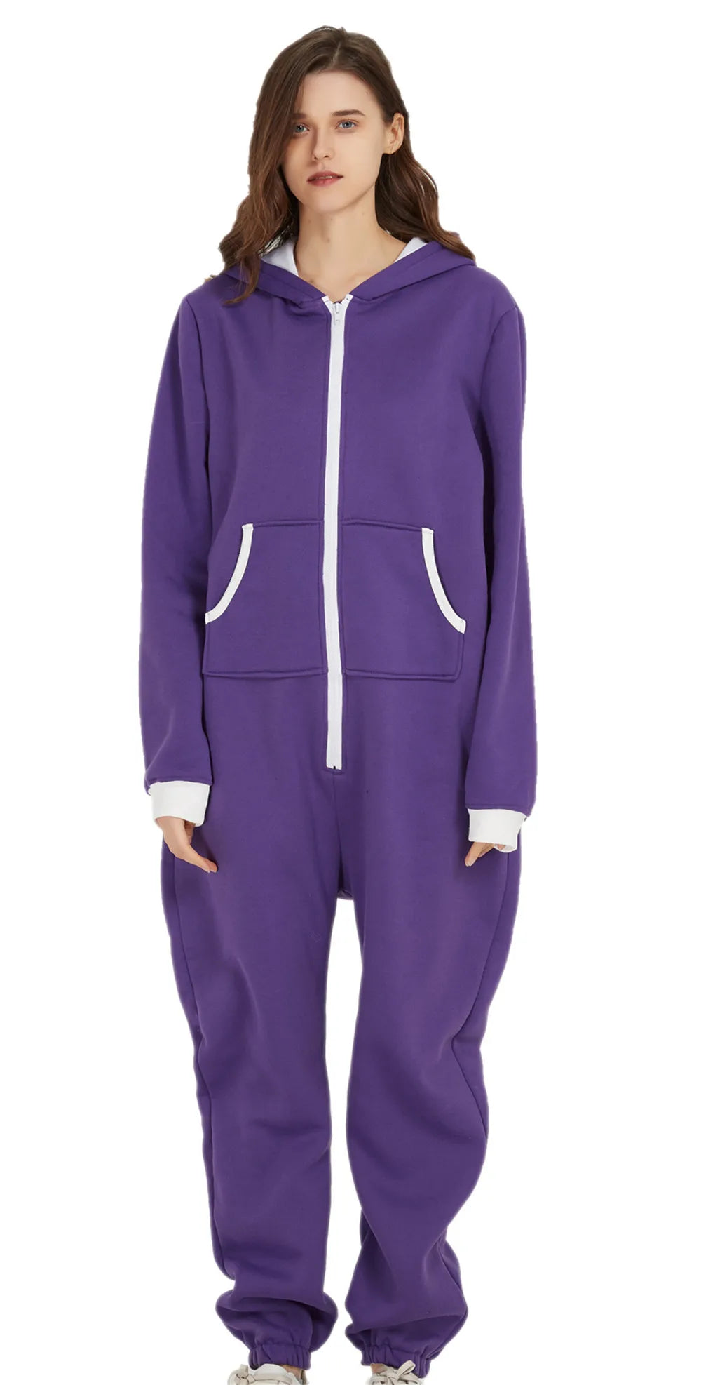 Unisex Sleepwear Jumsuits Hooded Pockets  Zipper Onesies One Piece Solid Pajamas Homewear Long Sleeve Nightwear  Casual Pyjamas