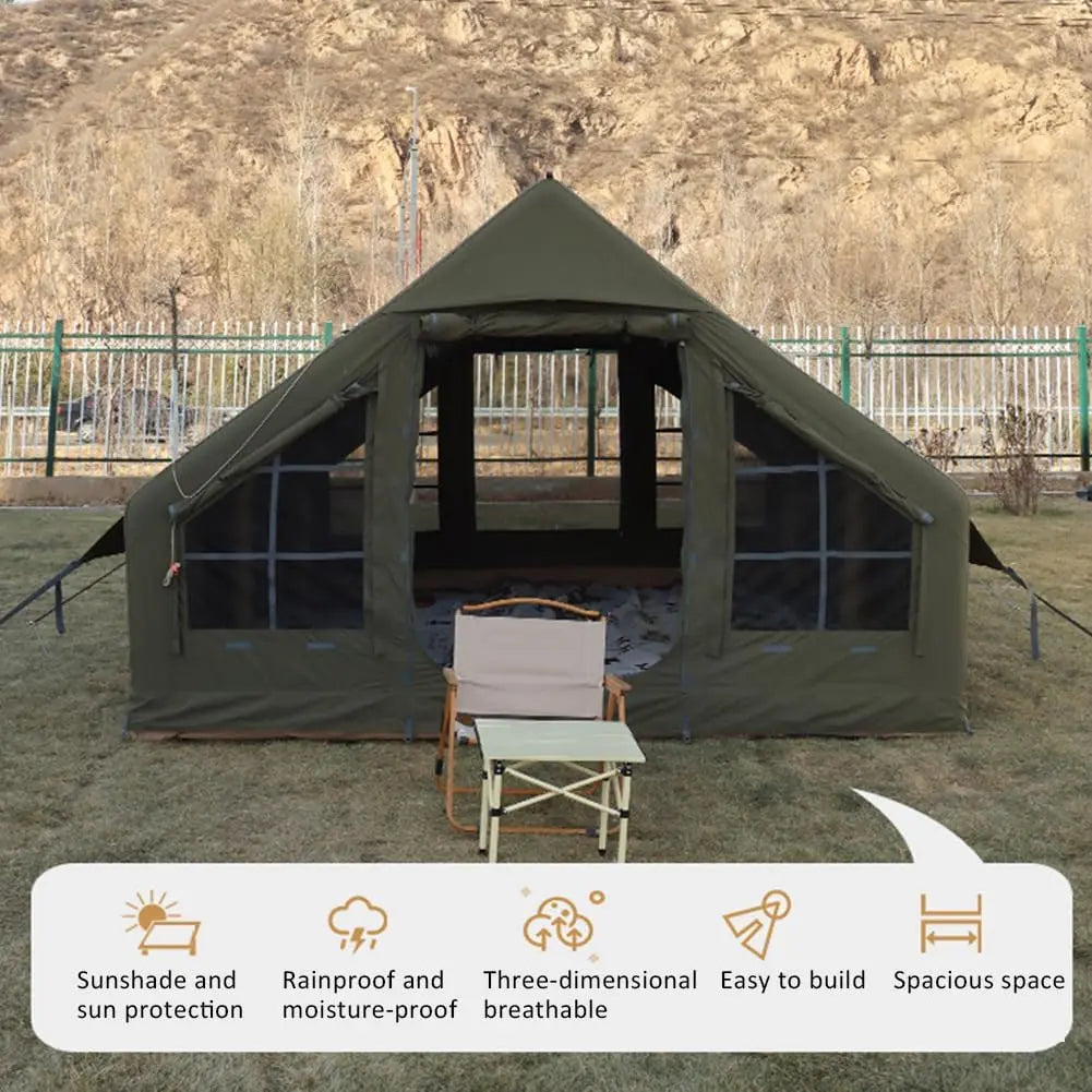 129 Square Feet Green Inflatable Camping Tent with Hand Pump,Waterproof Windproof Outdoor Blow up Tent with Chimney Stack
