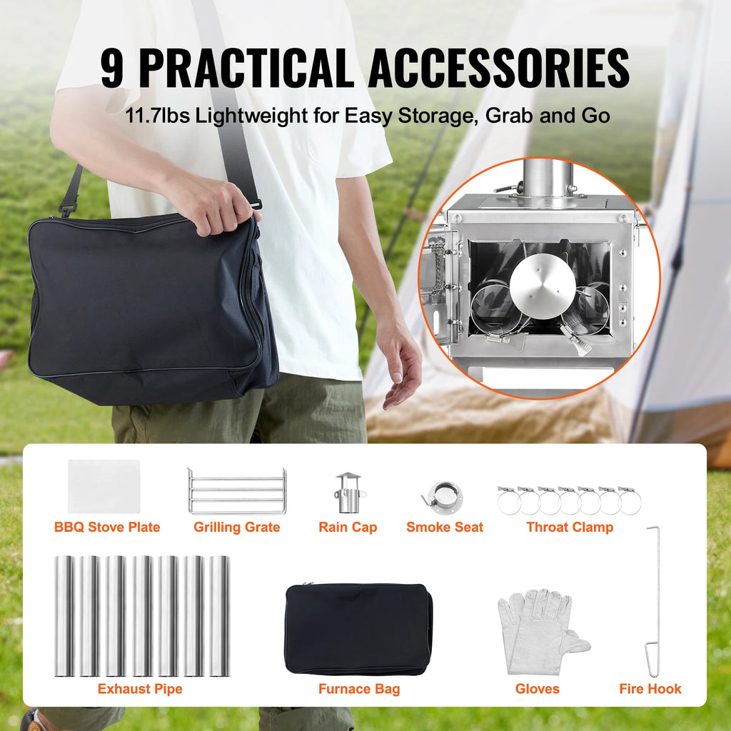 SucceBuy Wood Stove 80 in Stainless Steel Camping Tent Stove Portable Burning Stove with Chimney Pipes & Gloves 700in³Firebox