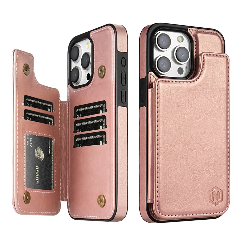Wallet Solid Color Magnetic Double Buckle RFID Blocking Card Leather Case For iPhone 15 Pro Max 14 Plus 13 12 11 XR XS SE 2 8 7