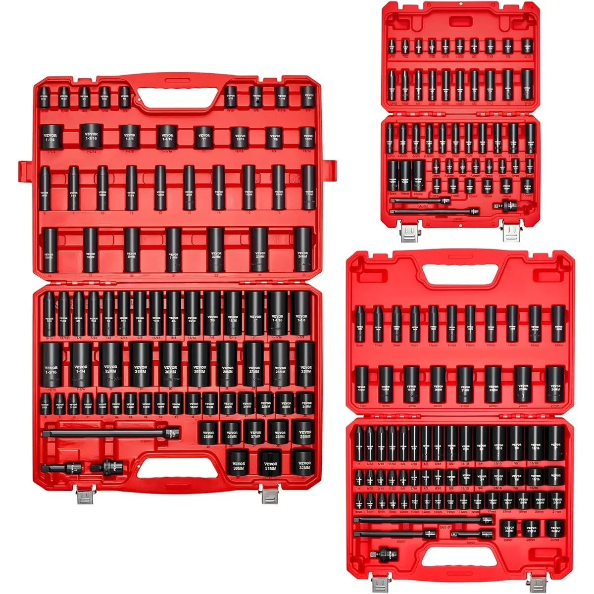 VEVOR 1/4, 3/8 & 1/2 Inch Drive Impact Socket Set, 210-Piece Full Metric/Standard with Extensions & Universal Joint, 3 Cases