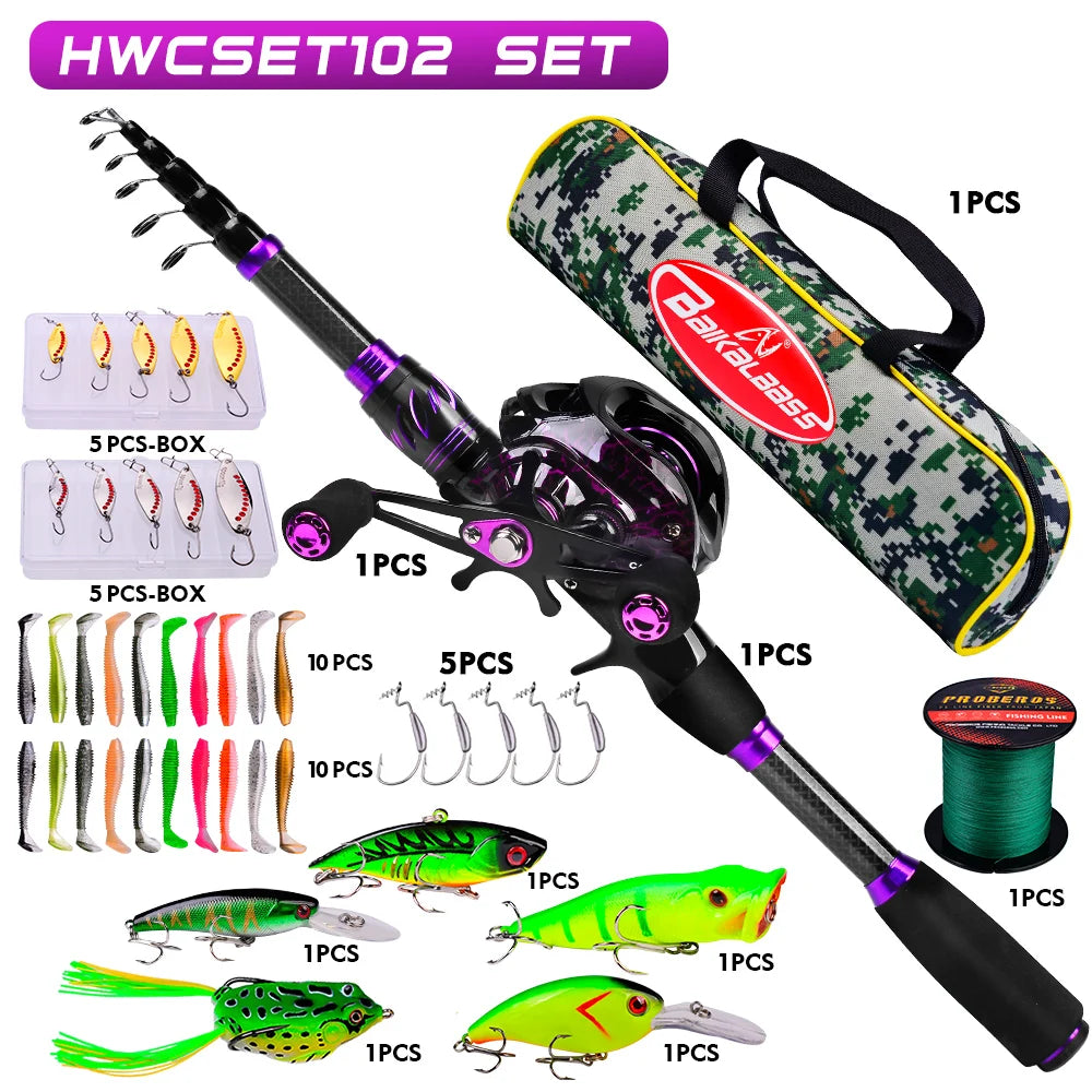PROBEROS 2.1m Baitcasting/Spinning Fishing Rod Reel Combo Full Set with Line Lure Bag Hooks Freshwater Saltwater Fishing Pesca