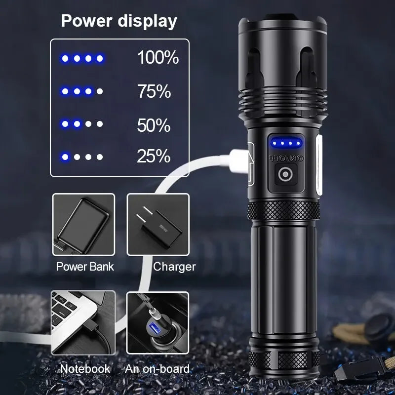 Super XHP120 Powerful Led Flashlight XHP90 High Power Torch Light Rechargeable Tactical Flashlight 18650 TYPE-C Camping Lamp