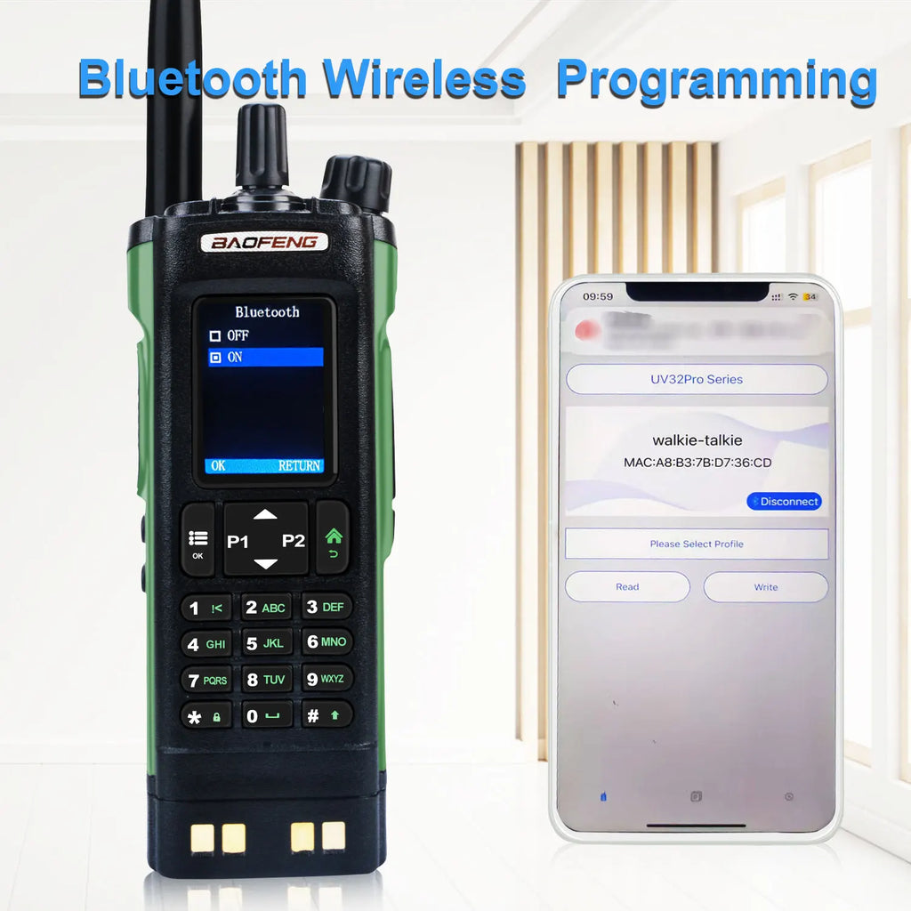 Walkie Talkie Baofeng UV-32 Air Band 10W GPS Amateur FM Two Way Radio with 2.0" HD Screen and 2200mah USB-C Charging Battery