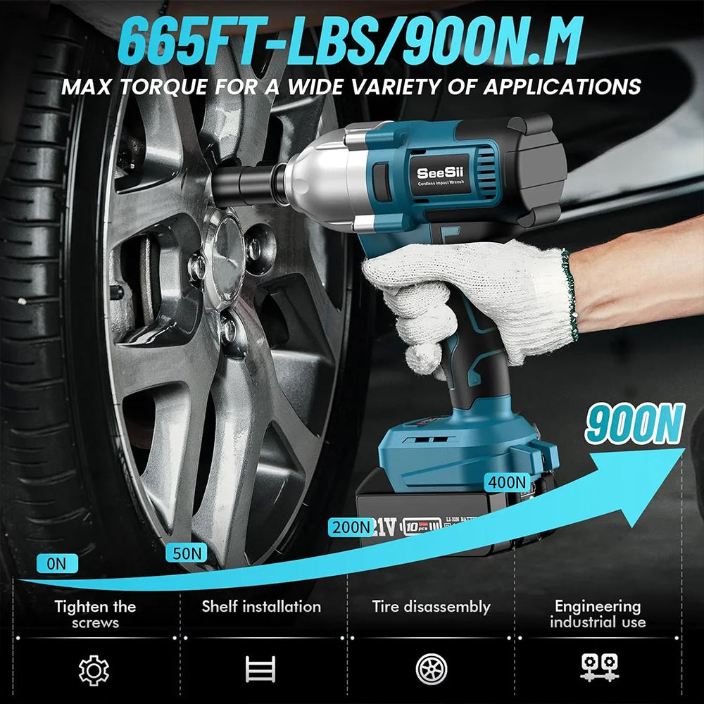 SEESII Cordless Impact Wrench 900N.m Power Impact Gun 1/2'' 3300RPM Brushless Electric Impact Driver for Home Car Truck Mower