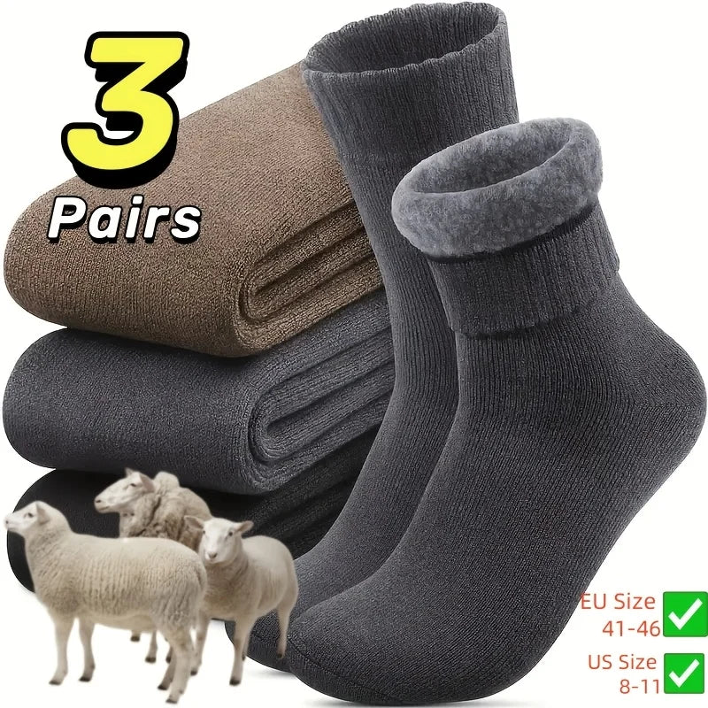 Men's Winter Velvet Snow Socks, 3-Pairs. Plush, warm & knitted for US 9-11. Perfect outdoor/work gift!