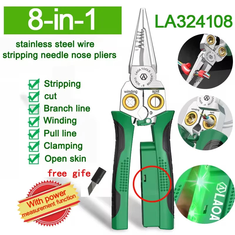 LAOA Electrician's pliers, multi-function wire stripper, 8-in-1 stainless steel needle-nose pliers with electrical measurement