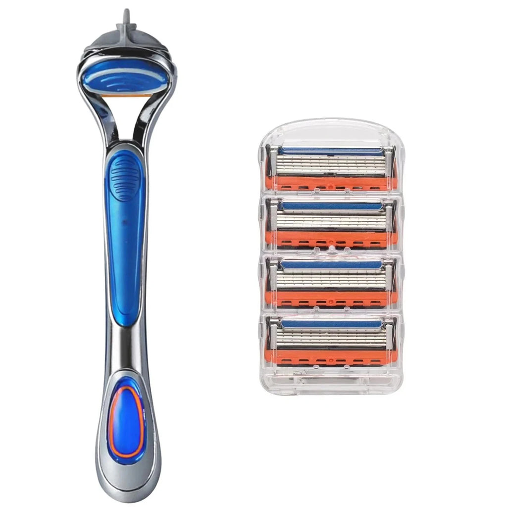 Men's manual safety razor, equipped with precision 5-layer stainless steel blades and ergonomic metal handle, 4-20 replacements