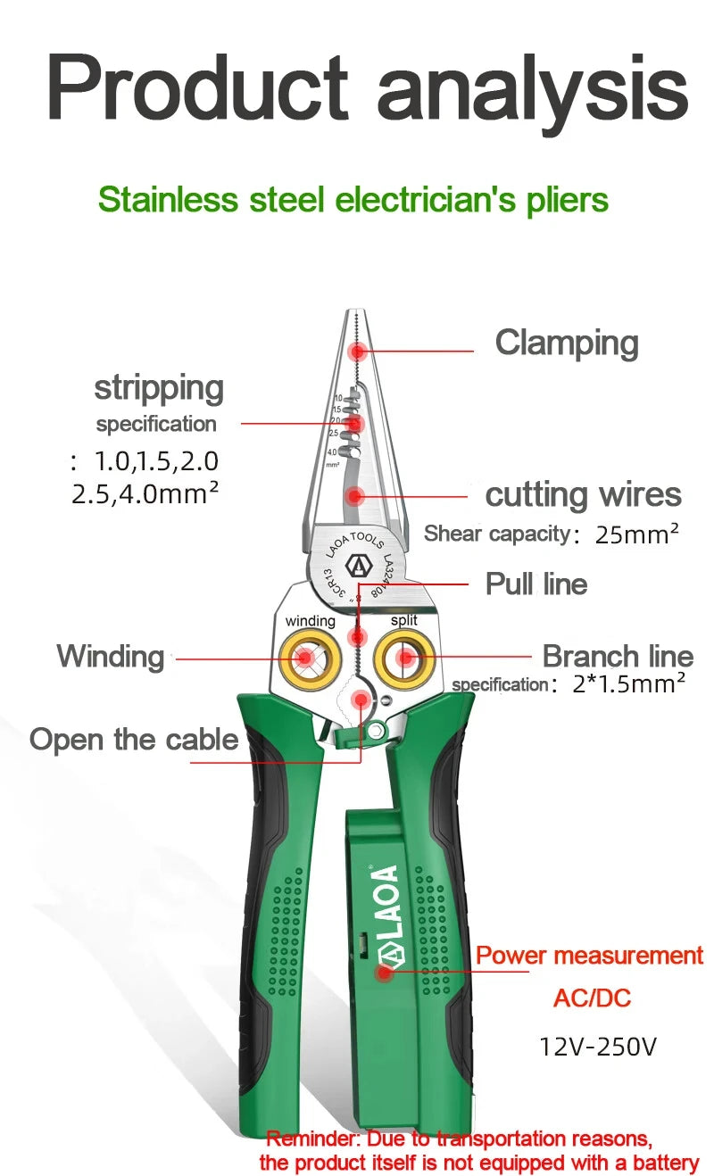 LAOA Electrician's pliers, multi-function wire stripper, 8-in-1 stainless steel needle-nose pliers with electrical measurement