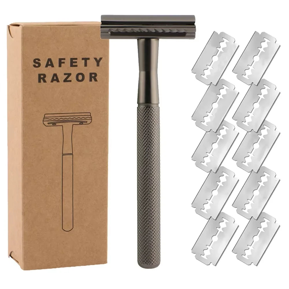 Double Edge Safety Razor for Men & Women, Metal Razor with 10 Platinum Coated Safety Razor Blades, Eco-Friendly Razor