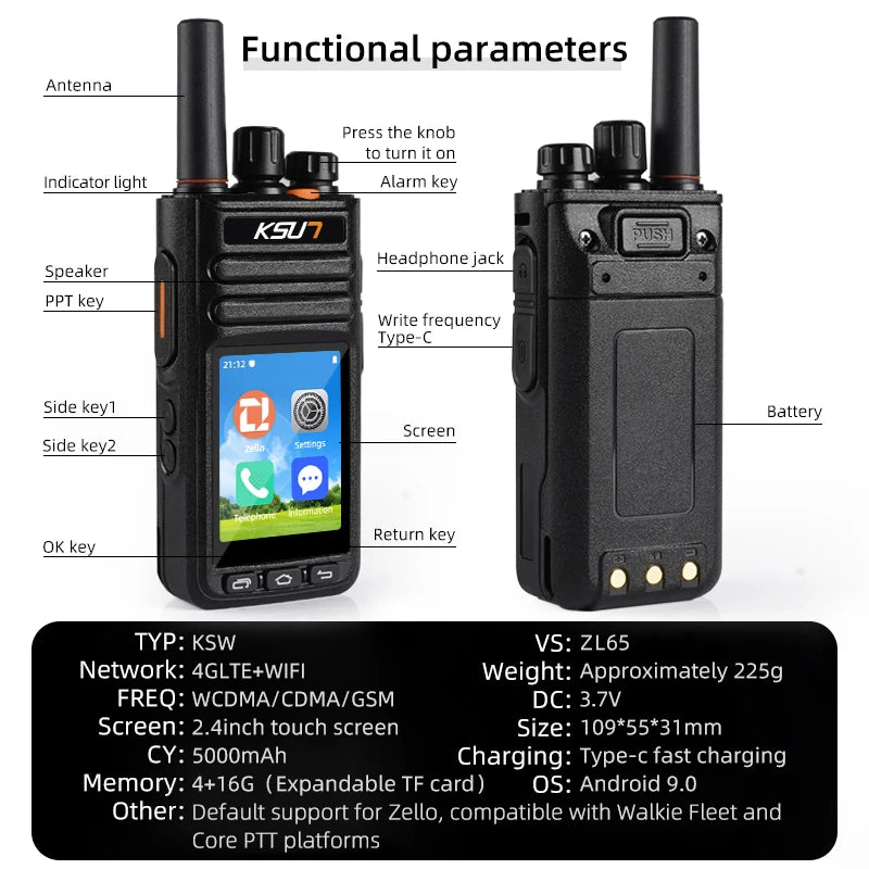 KSUT ZL65 Android 9.0 POC 4G LTE Wifi Radio Blue-tooth Two Way Radio Unlimited Distance Long Range Walkie Talkie