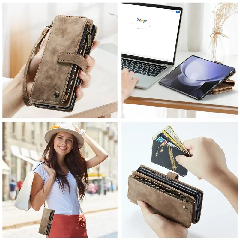 Luxury Lanyard Leather Zipper Wallet Card Phone Case For Samsung Galaxy Z Fold 7 6 5 4 Fold6 Fold5 Fold4 Purse Flip Stand Cover