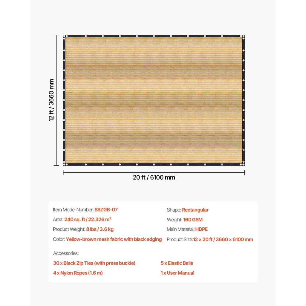 SucceBuy 90% Sun Shade Cloth 10x10/12/20ft Pergola Shade Cover 140 GSM HDPE Canopy Privacy Screen for Outdoor Garden Backyard