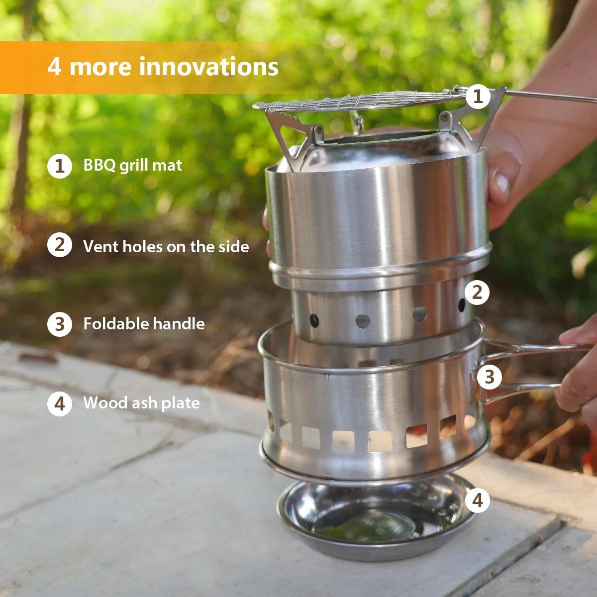 Upgrade Camping Stove & Backpacking Stove with Wood Ash Plate & Foldable Handle , Portable Folding Windproof Wood Burning Stove