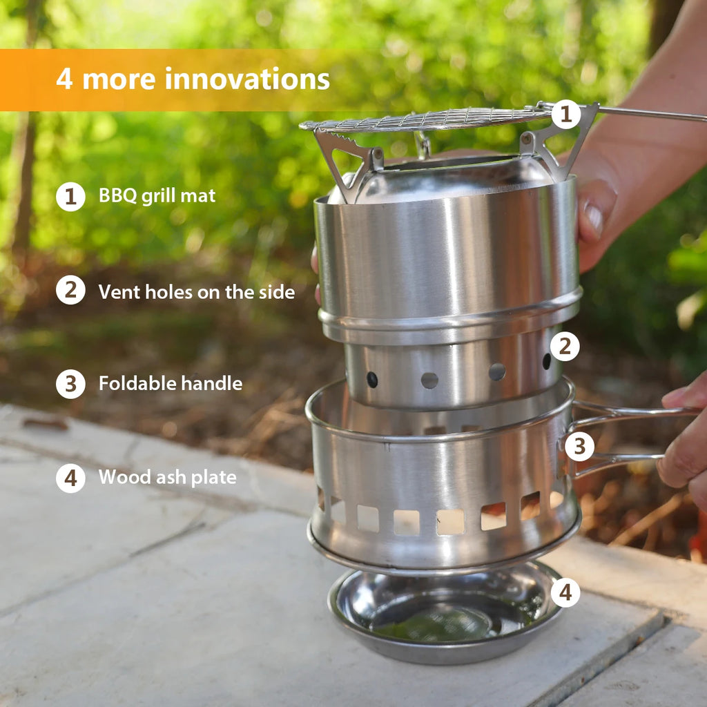 Upgrade Camping Stove & Backpacking Stove with Wood Ash Plate & Foldable Handle , Portable Folding Windproof Wood Burning Stove