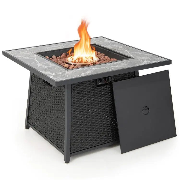 35-Inch Propane Gas Fire Pit Table with Lava Rocks PVC Cover Wicker Rattan for Outdoor Entertaining