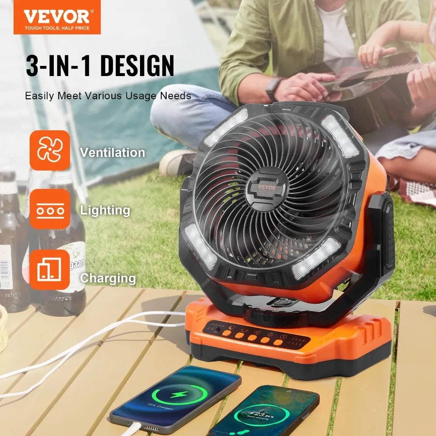 Portable Fan Rechargeable 13 inch Battery Powered Fan with LED Lantern 4 Speeds Adjustable and 45° 90°Automatic Swivel and Tim