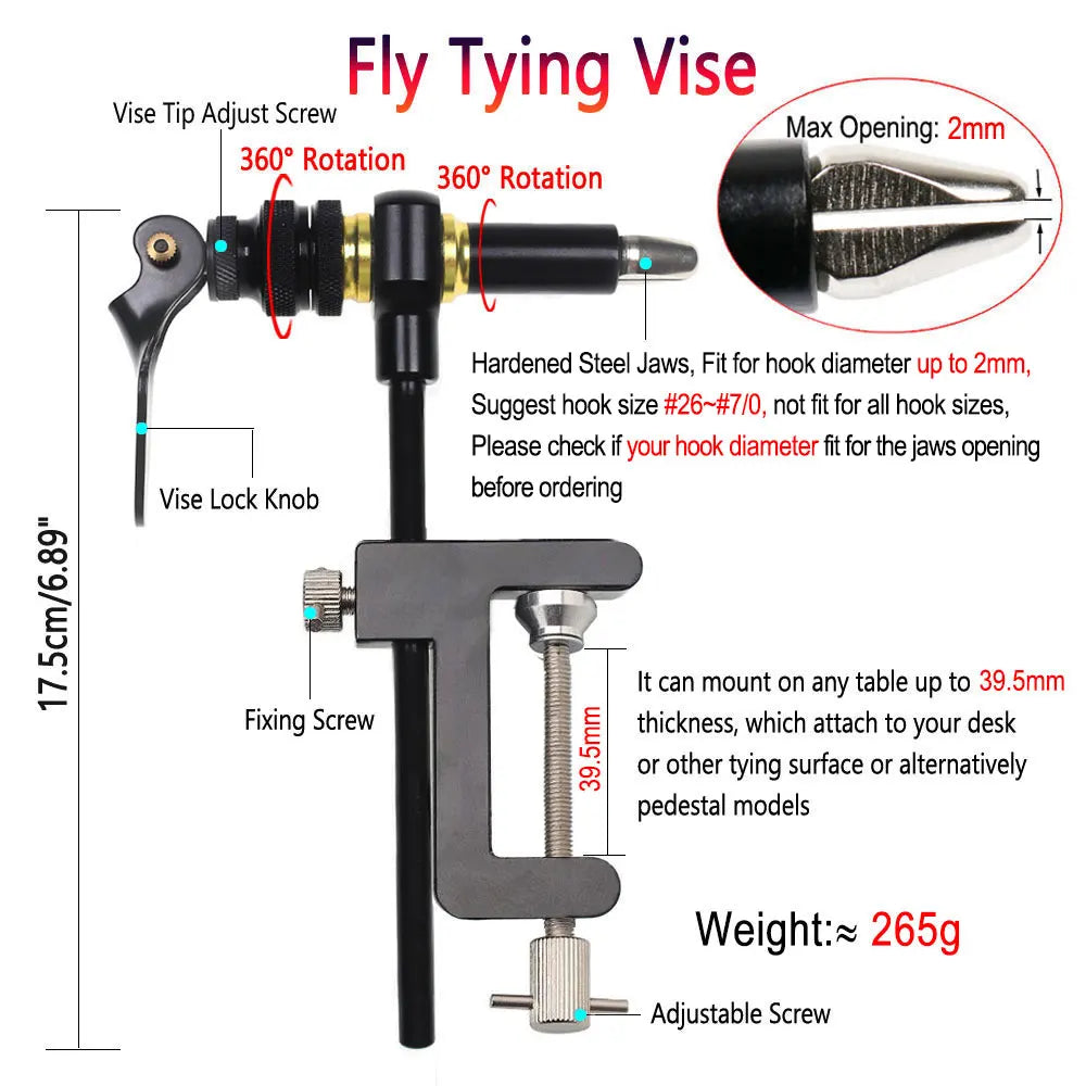 Bimoo 360° Rotation C-Clamp Fly Tying Vise Hardened Steel Jaws Jig Lure Making Tool Bobbin Holder Threader Fly Tying Tool 200D