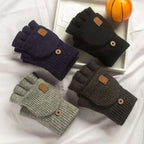 1 Pair Knitted Flip Gloves Wool Gloves Exposed Finger Thickening Winter Warm Touch Screen Fingerless Gloves