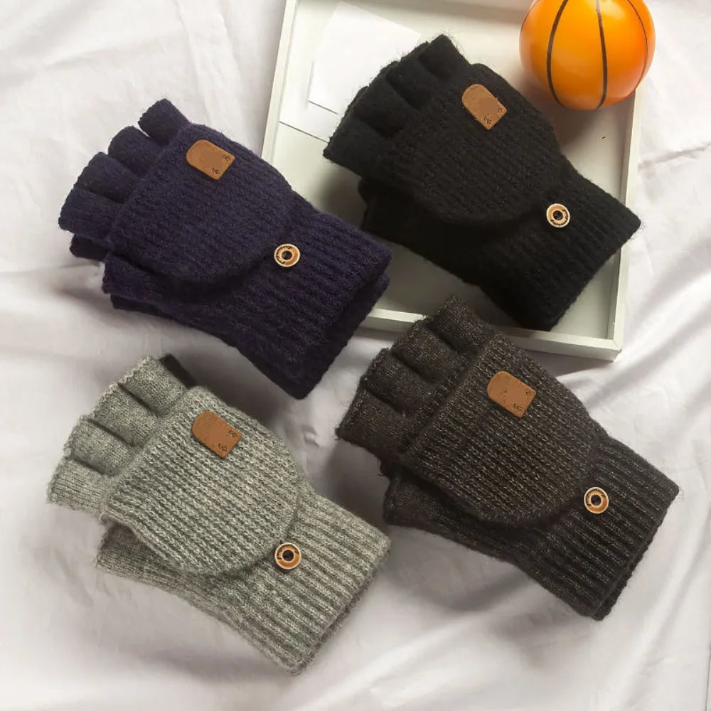 1 Pair Knitted Flip Gloves Wool Gloves Exposed Finger Thickening Winter Warm Touch Screen Fingerless Gloves