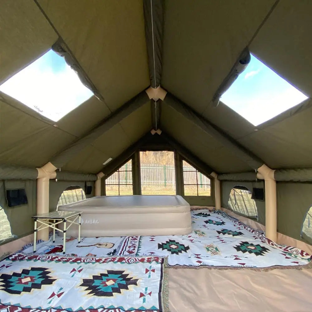 129 Square Feet Green Inflatable Camping Tent with Hand Pump,Waterproof Windproof Outdoor Blow up Tent with Chimney Stack